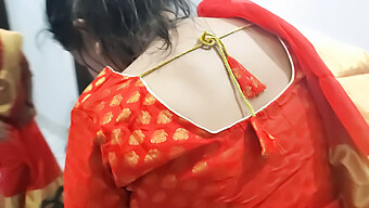 Indian Housewife With Big Natural Tits In Red Saree Gets Naughty With Neighbour